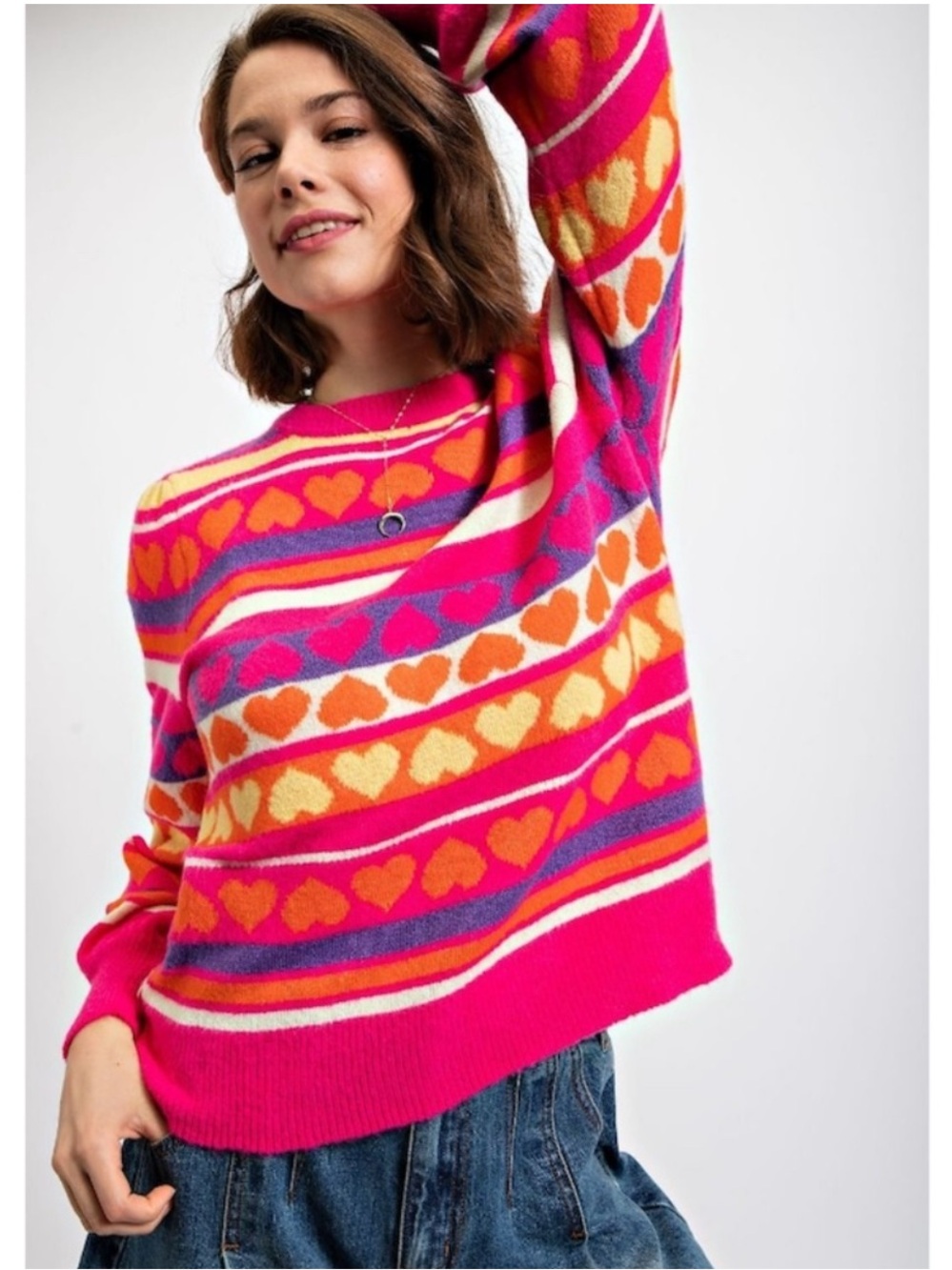 NWT: Easel “Adeline” Colorful Pink Crewneck Sweater With Multi Color Heart Print